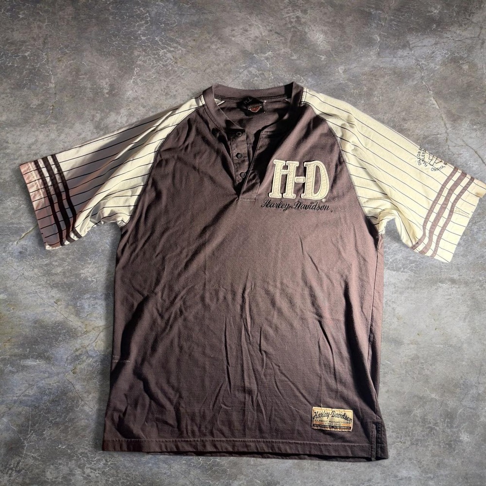 Harley-Davidson Dillon Brothers Omaha Baseball Henley Shirt Mens XL Brown Y2K